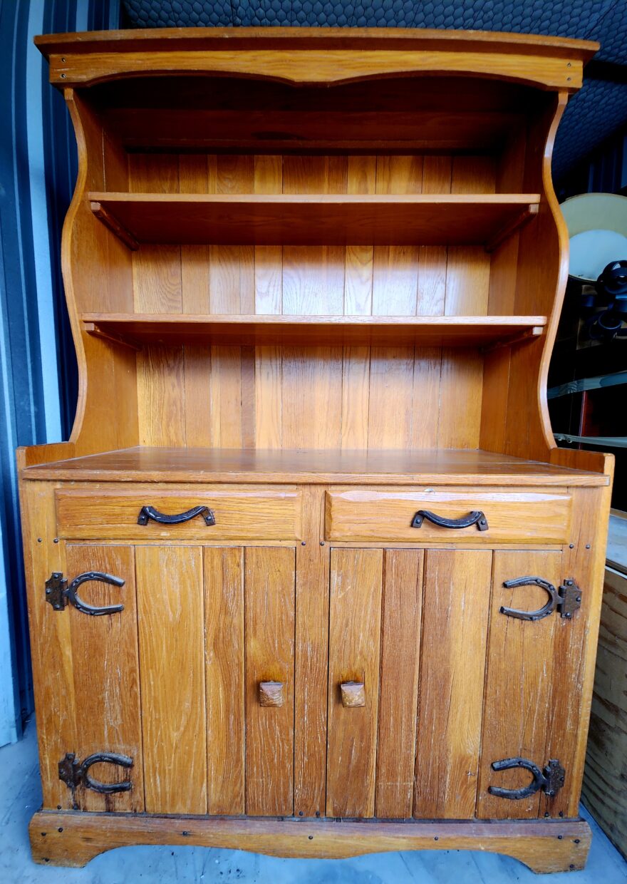 A. BRANDT CO. RANCH OAK” one piece hutch with horseshoe hardware, 44″ X 20″ X 69